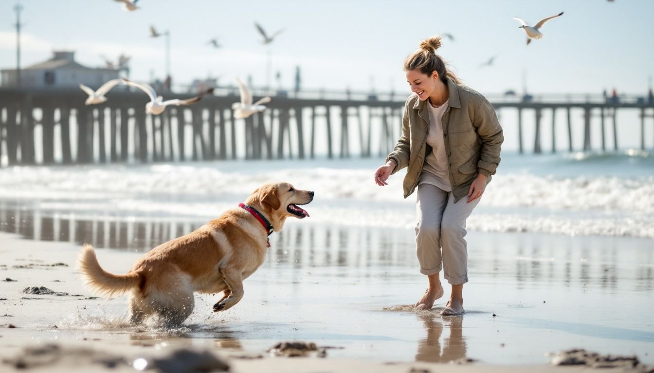 A woman plays fetch with her Labrador at Rosie's Dog Beach.