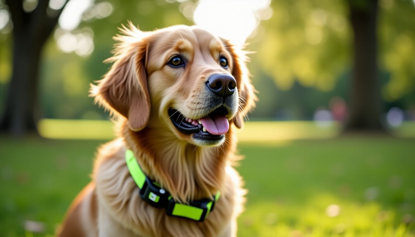 A golden retriever wearing a high-visibility collar with a GPS tracker.