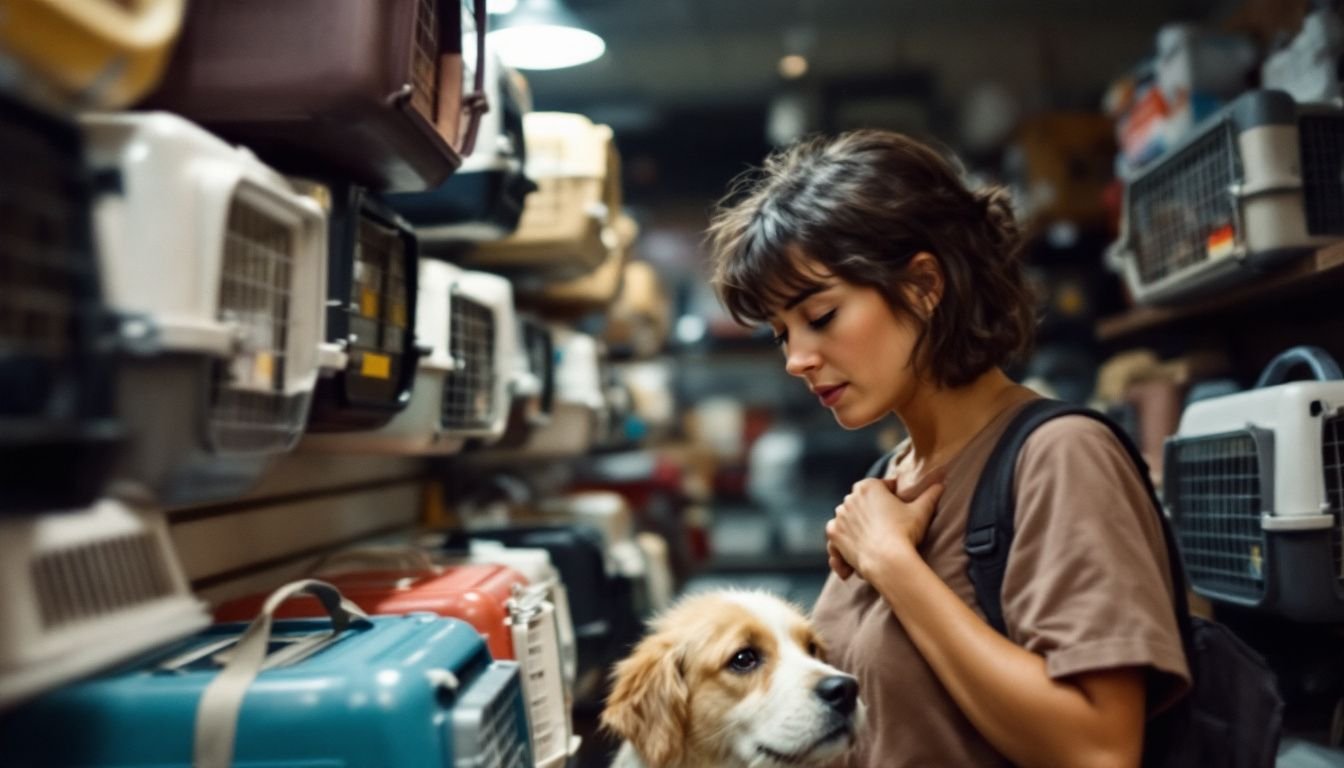A person shopping for pet carriers in a store.