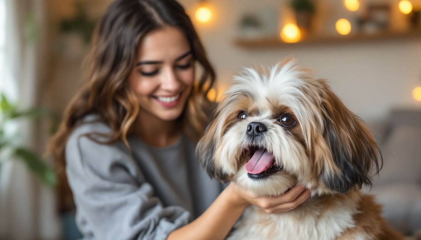 A young woman brushes a happy Shih Tzu in a cozy living room.