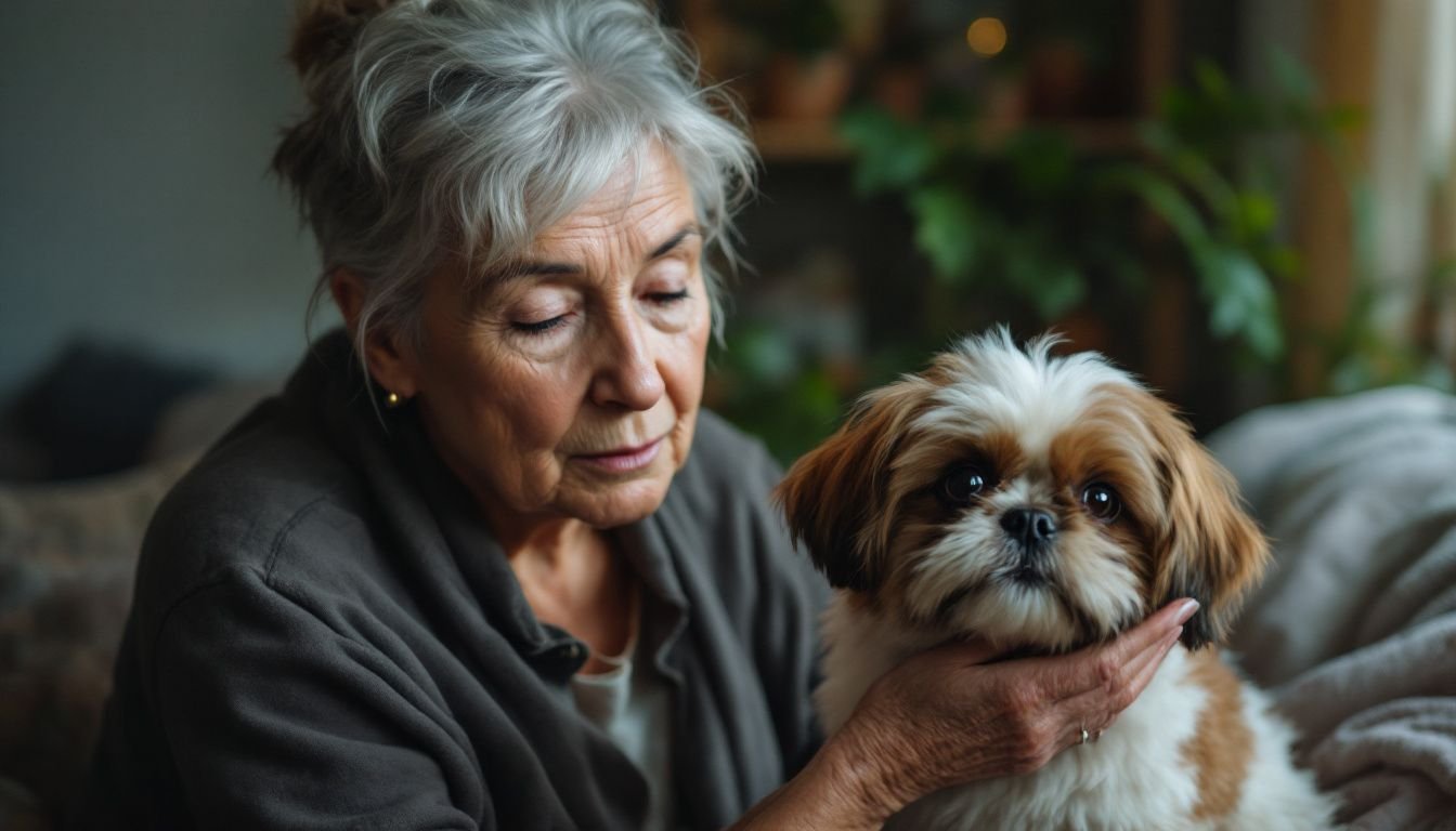 An elderly woman gently brushes a small Shih Tzu in her cozy home.