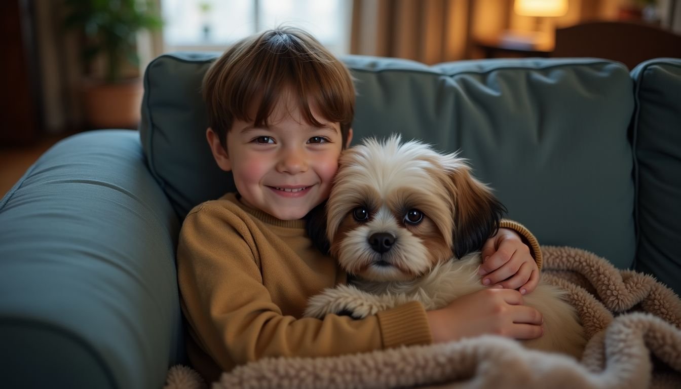 A smiling child cuddles with a Shih Tzu on a cozy couch.