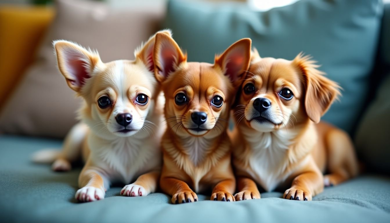 Three small dogs cuddled on a cozy sofa in a small apartment.