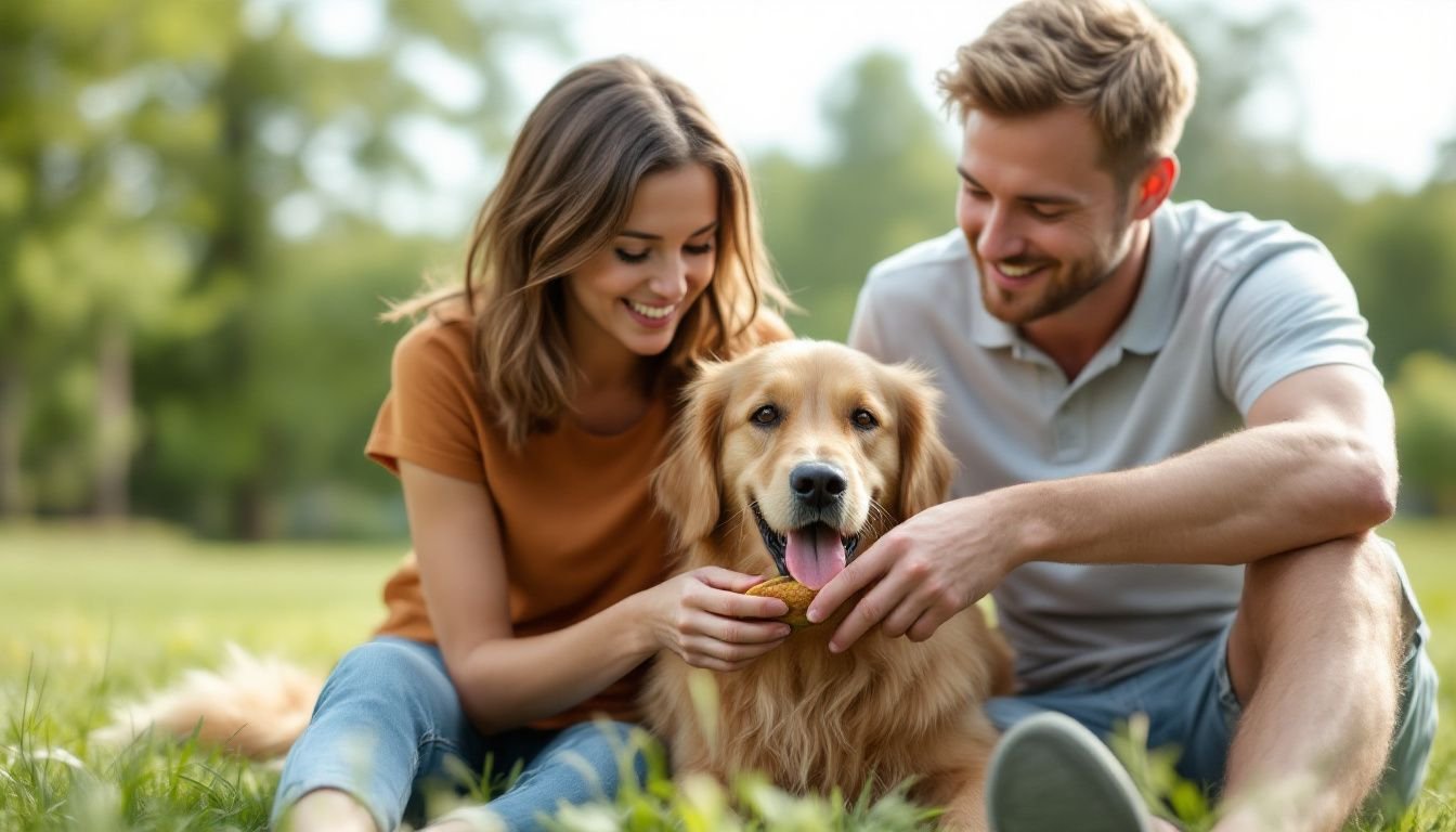 A couple in their 30s playing with their golden retriever at the park.