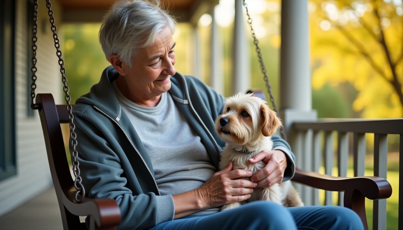 An elderly retiree sits on a porch swing, petting a small dog.