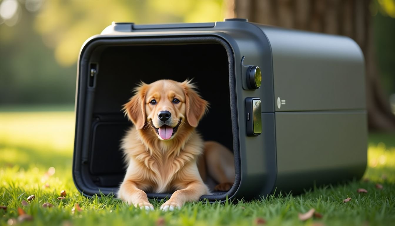 A modern smart dog carrier with GPS and climate control, with a happy golden retriever inside.