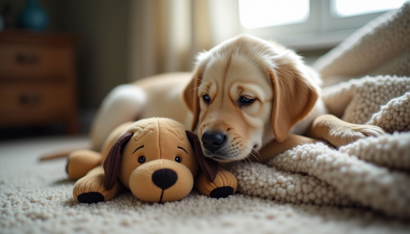 A Labrador puppy snuggles with a SmartPetLove Snuggle Puppy in a cozy living room.