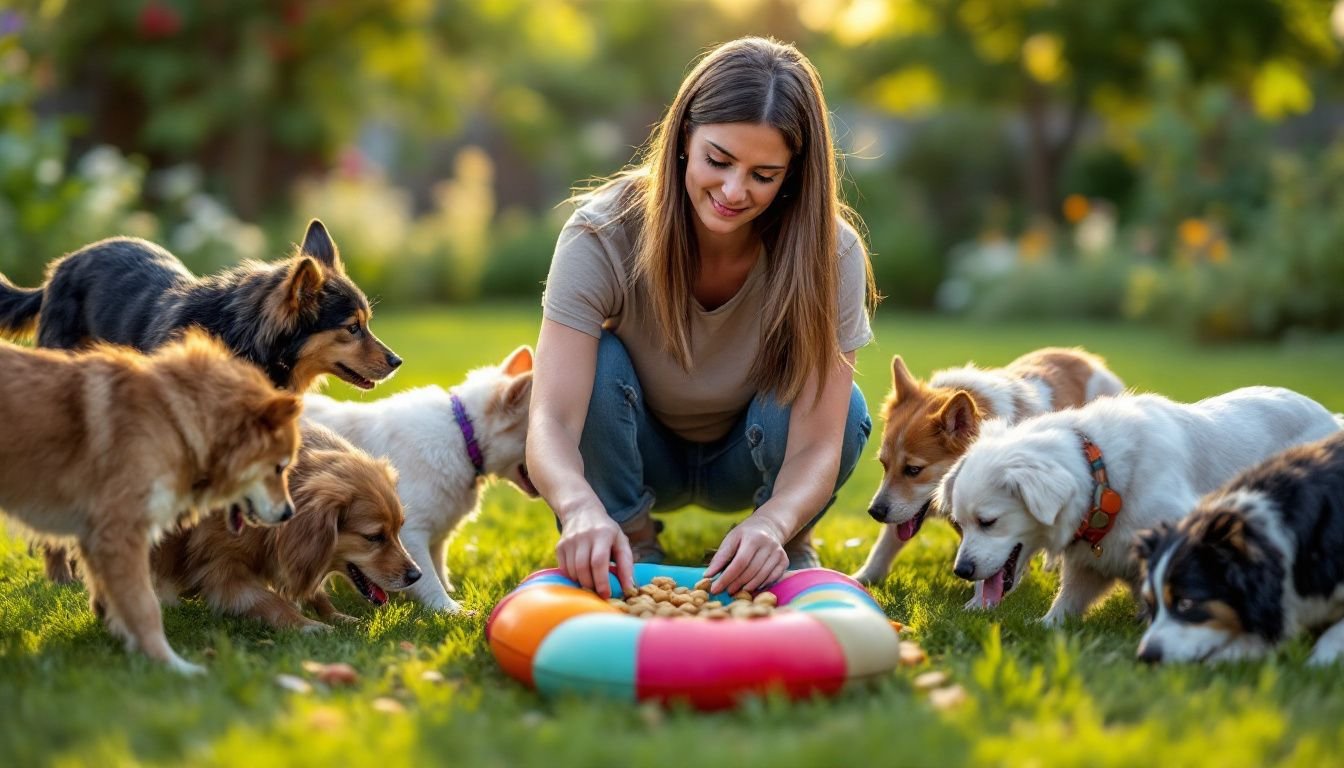 A woman setting up nose work toys for playful dogs.