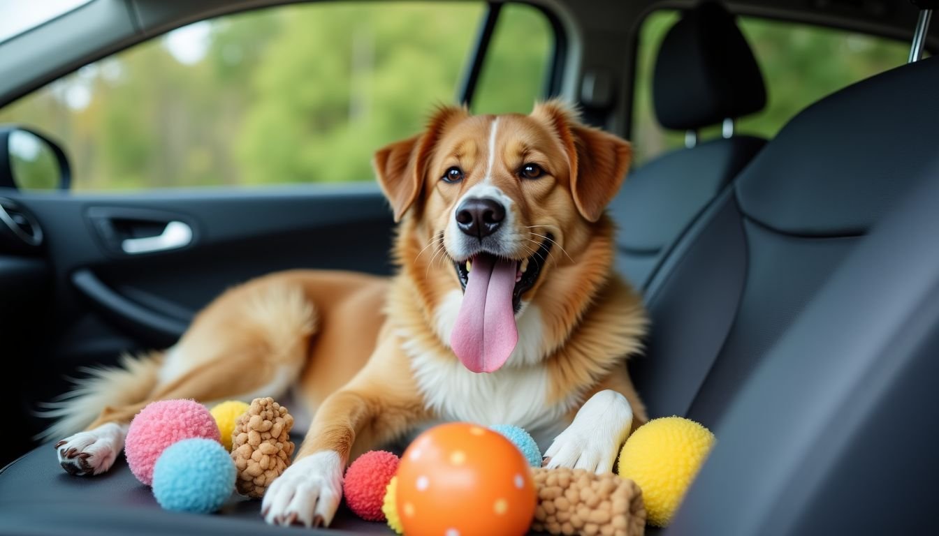 A calm dog relaxes in the car with soothing toys and treats.