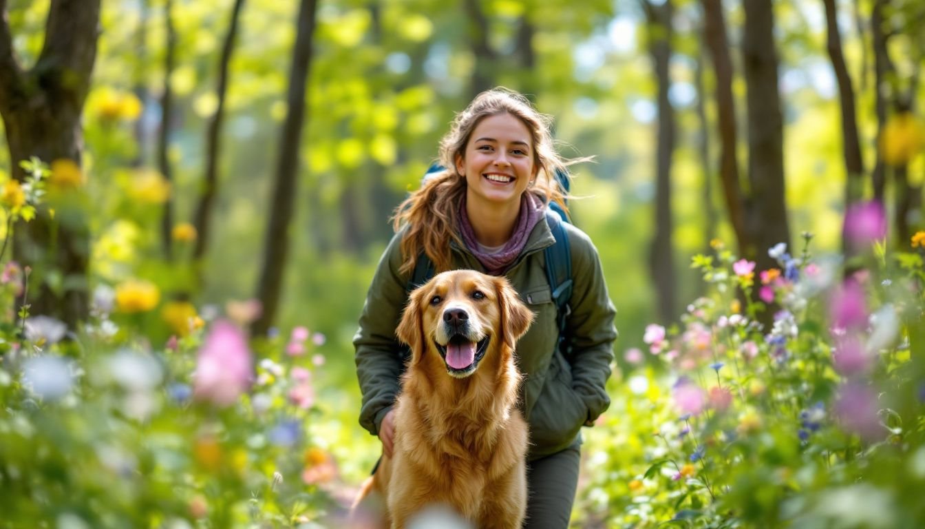 A woman hiking in a forest with her golden retriever. A woman hiking in a forest with her golden retriever.