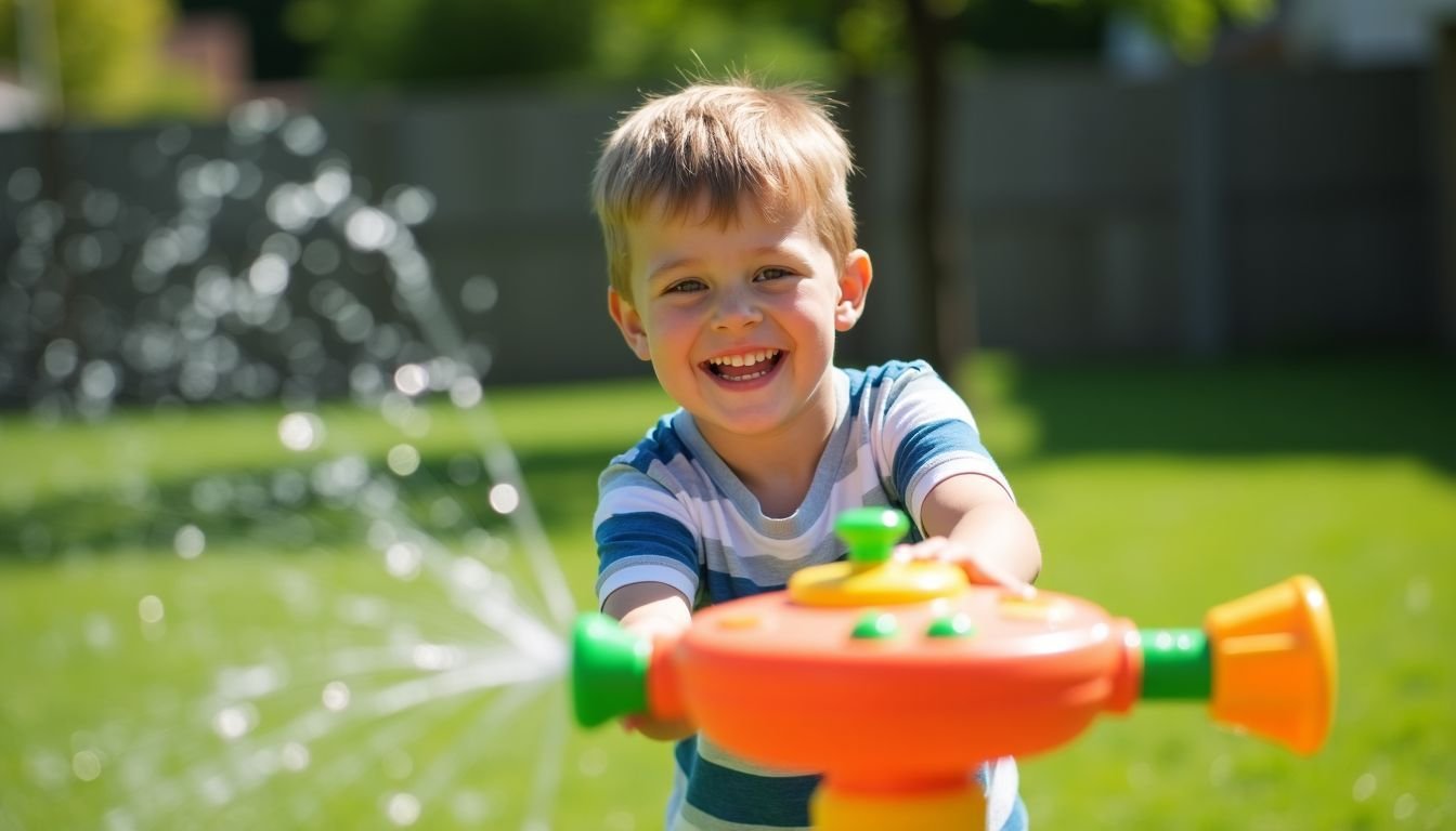 A young boy happily plays with a colorful sprinkler in the backyard.