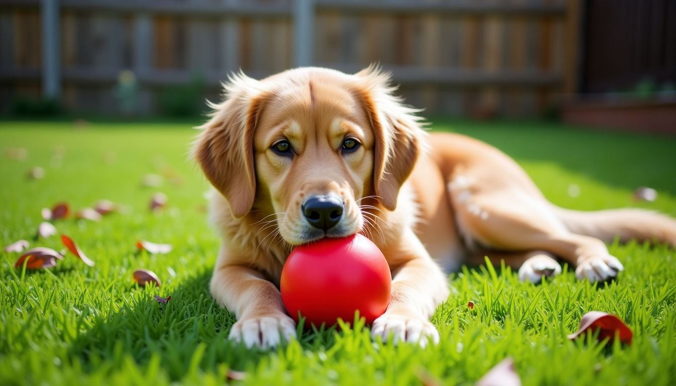 A Golden Retriever joyfully chews a red toy in a backyard.