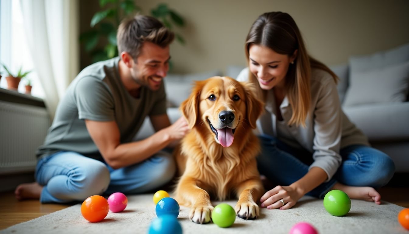 A couple playing with their golden retriever in a cozy living room. A couple playing with their golden retriever in a cozy living room.