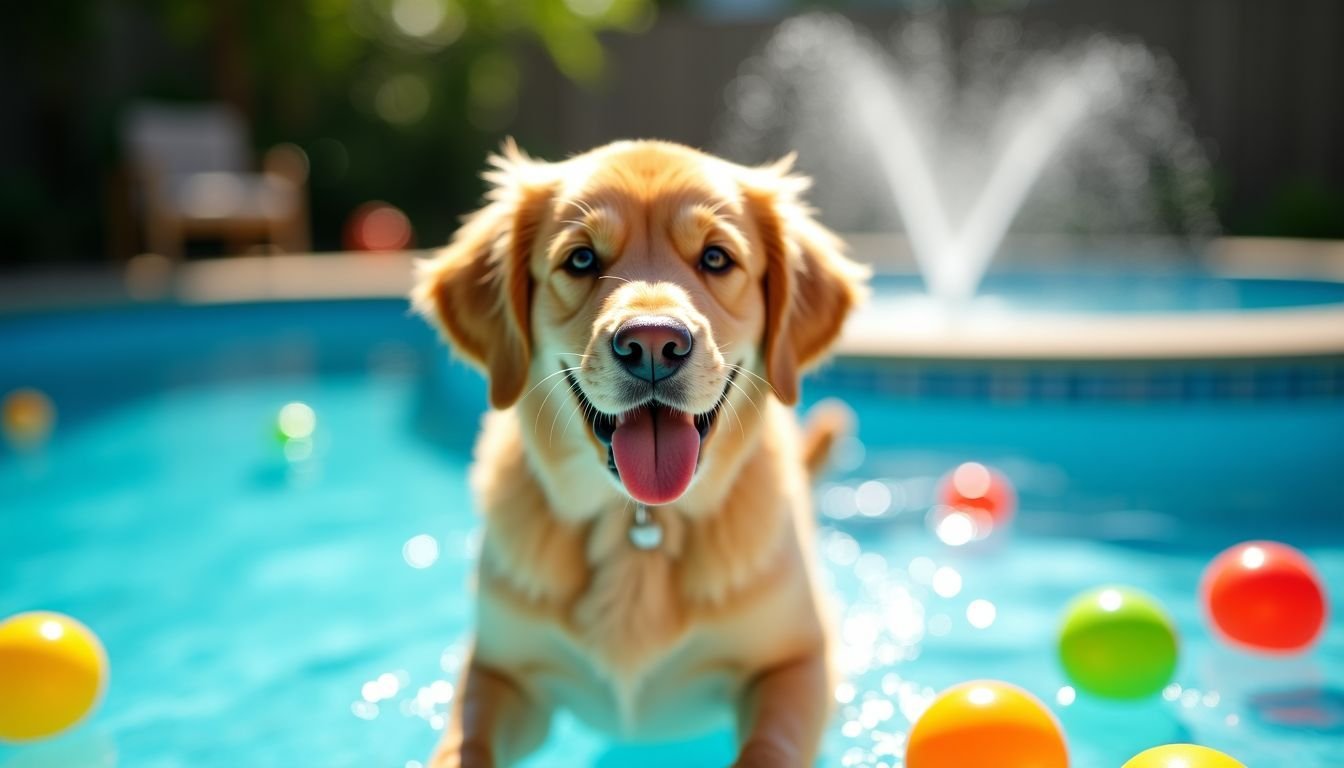 A golden retriever happily plays in a backyard pool with squeaky toys.