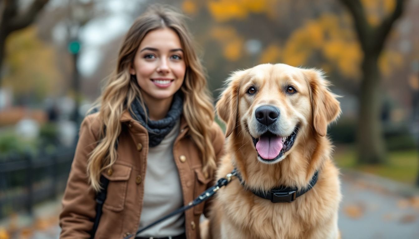 A woman walks her golden retriever in a city park.