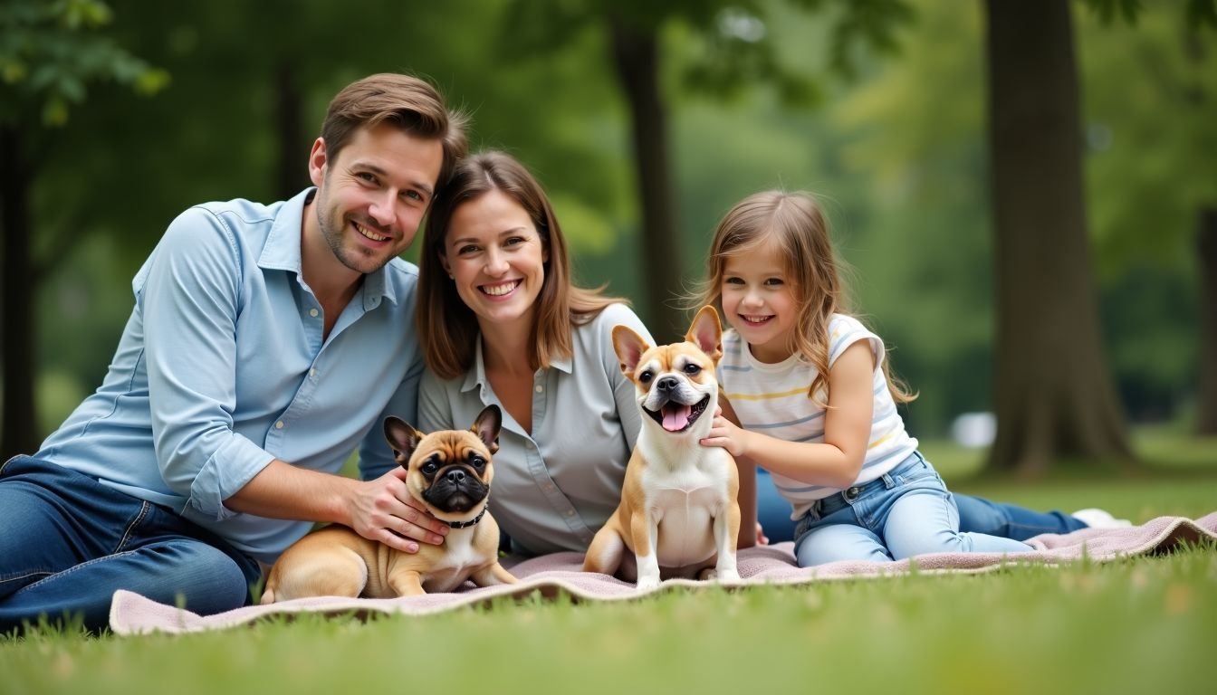 A family of four enjoying a sunny day at the park with their dogs.