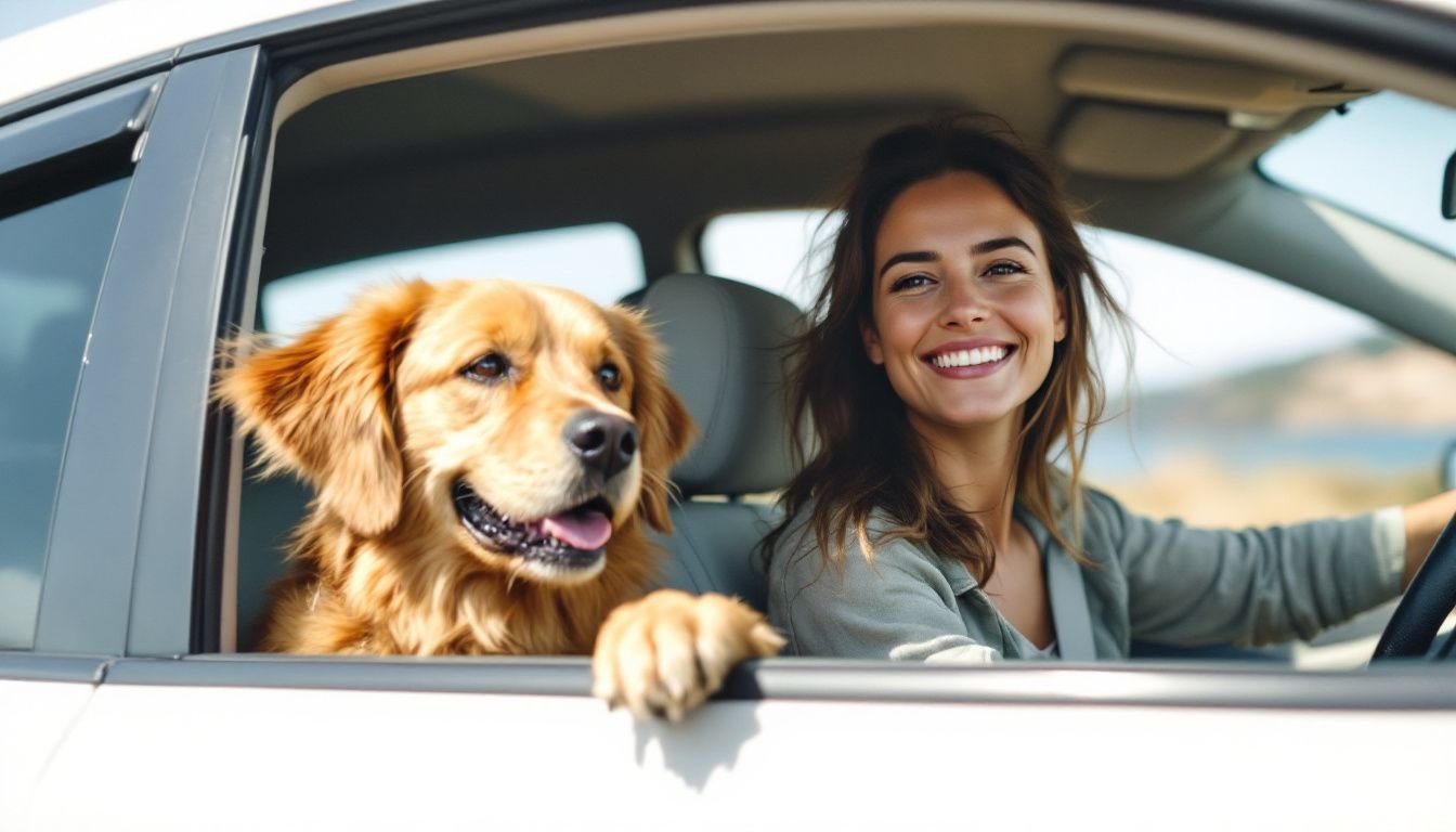 A woman drives with a happy golden retriever along a coastal highway. A woman drives with a happy golden retriever along a coastal highway.