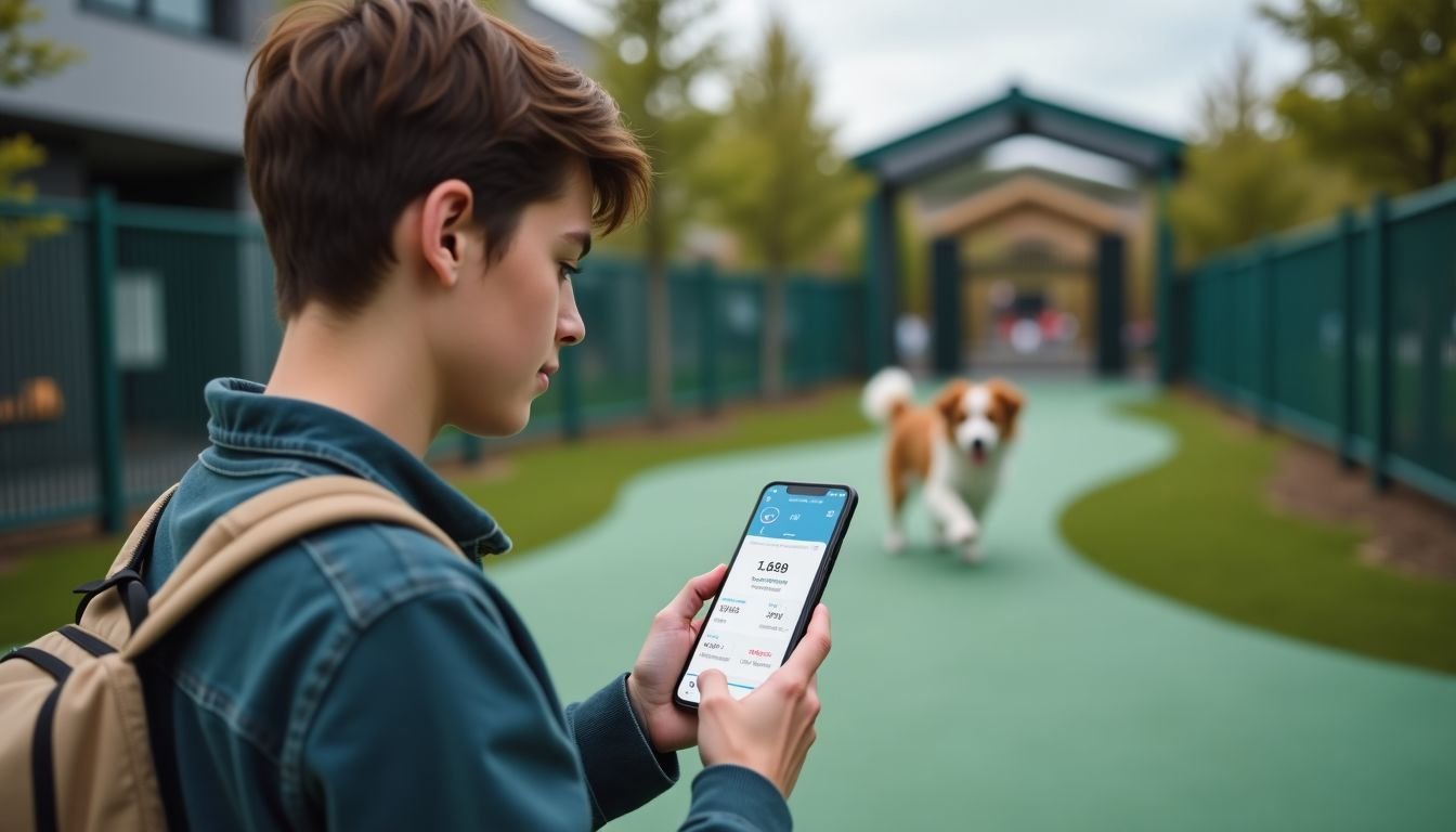 A young adult uses a smart dog collar app in a modern dog park.