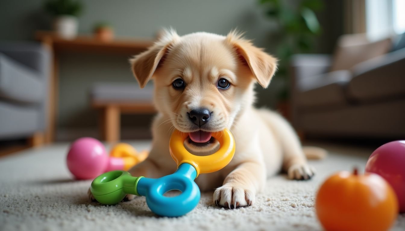A small puppy happily chews on a colorful teething toy in a cozy living room.