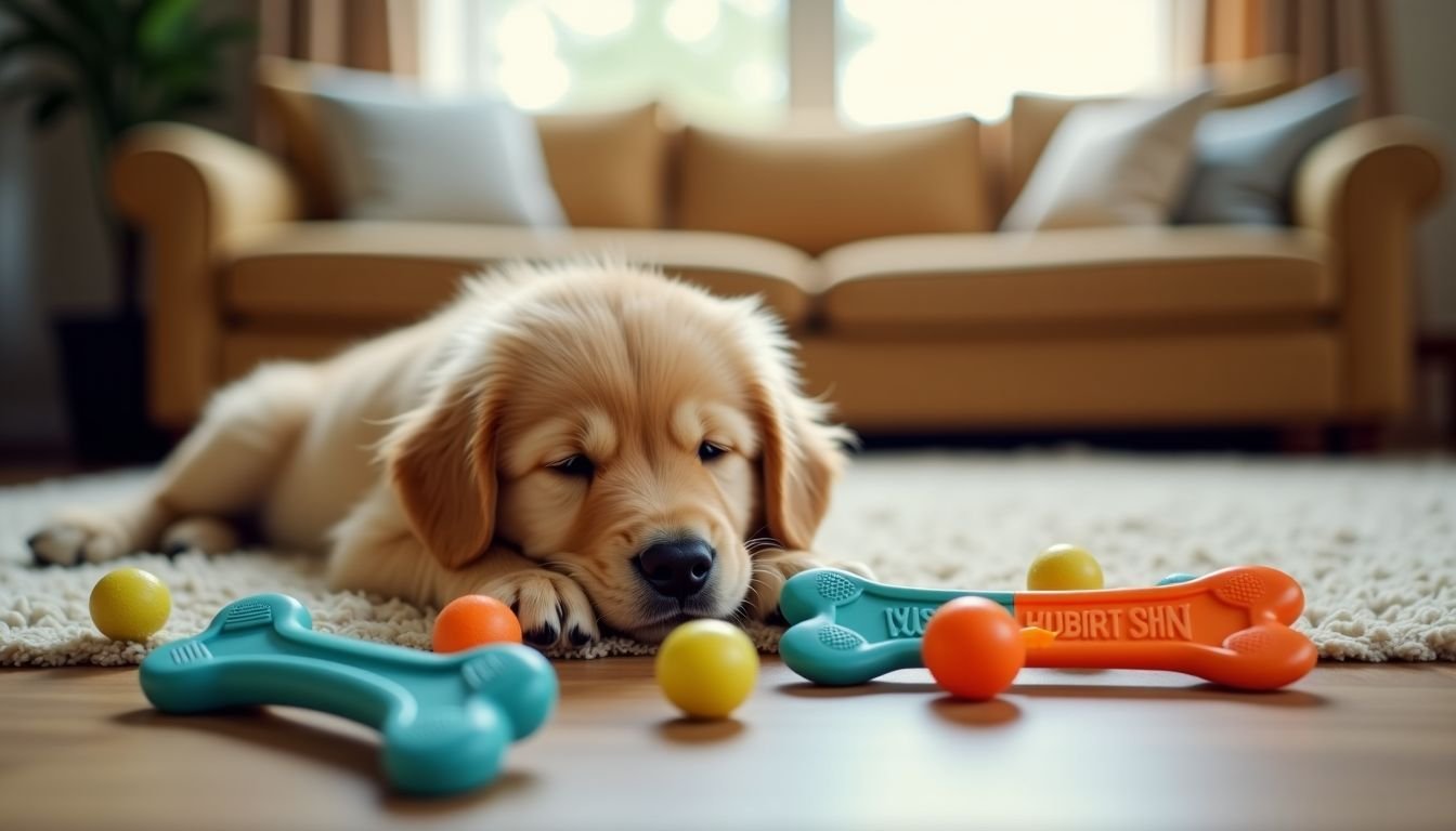 A golden retriever puppy playing with teething toys in a cozy living room. A golden retriever puppy playing with teething toys in a cozy living room.