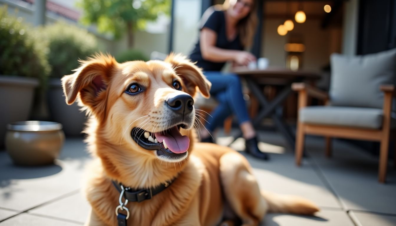 A dog relaxes on the pet-friendly patio of The Fat Dog.