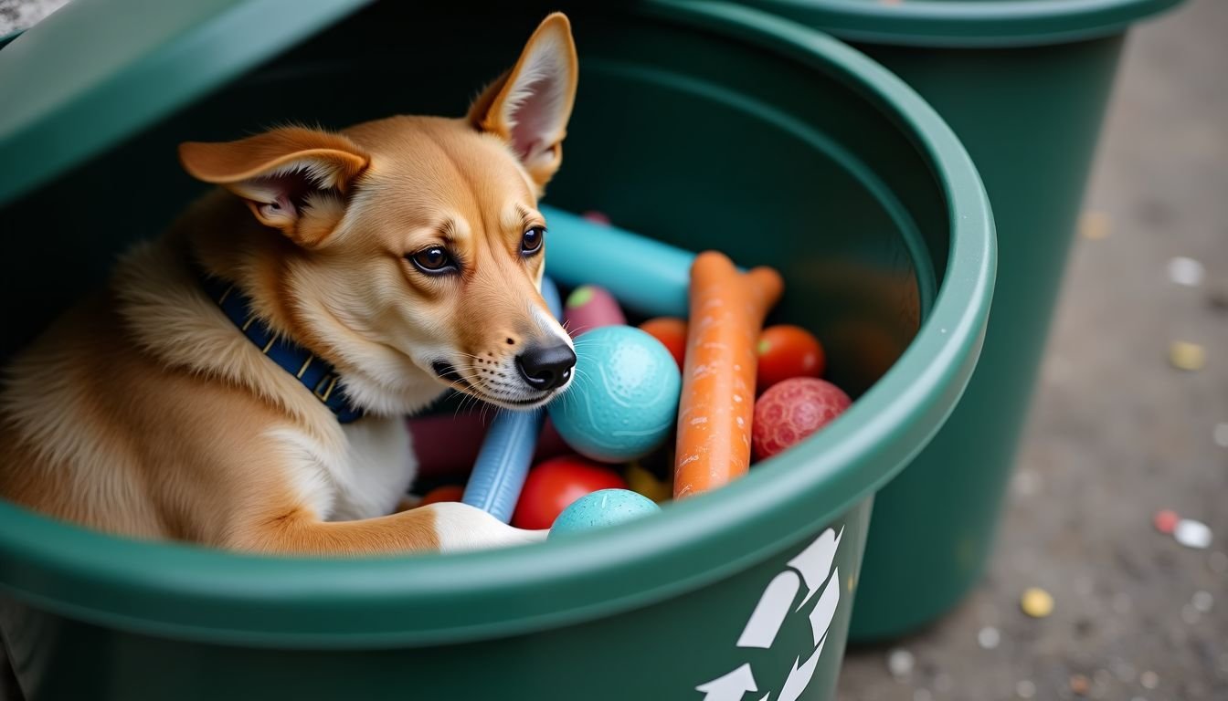 An old dog toy and plastic waste in a recycling bin.