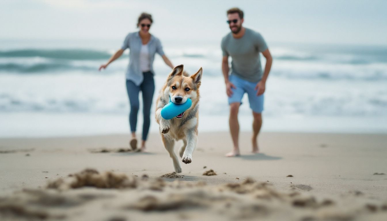 A dog playing on a sandy beach with its owner.