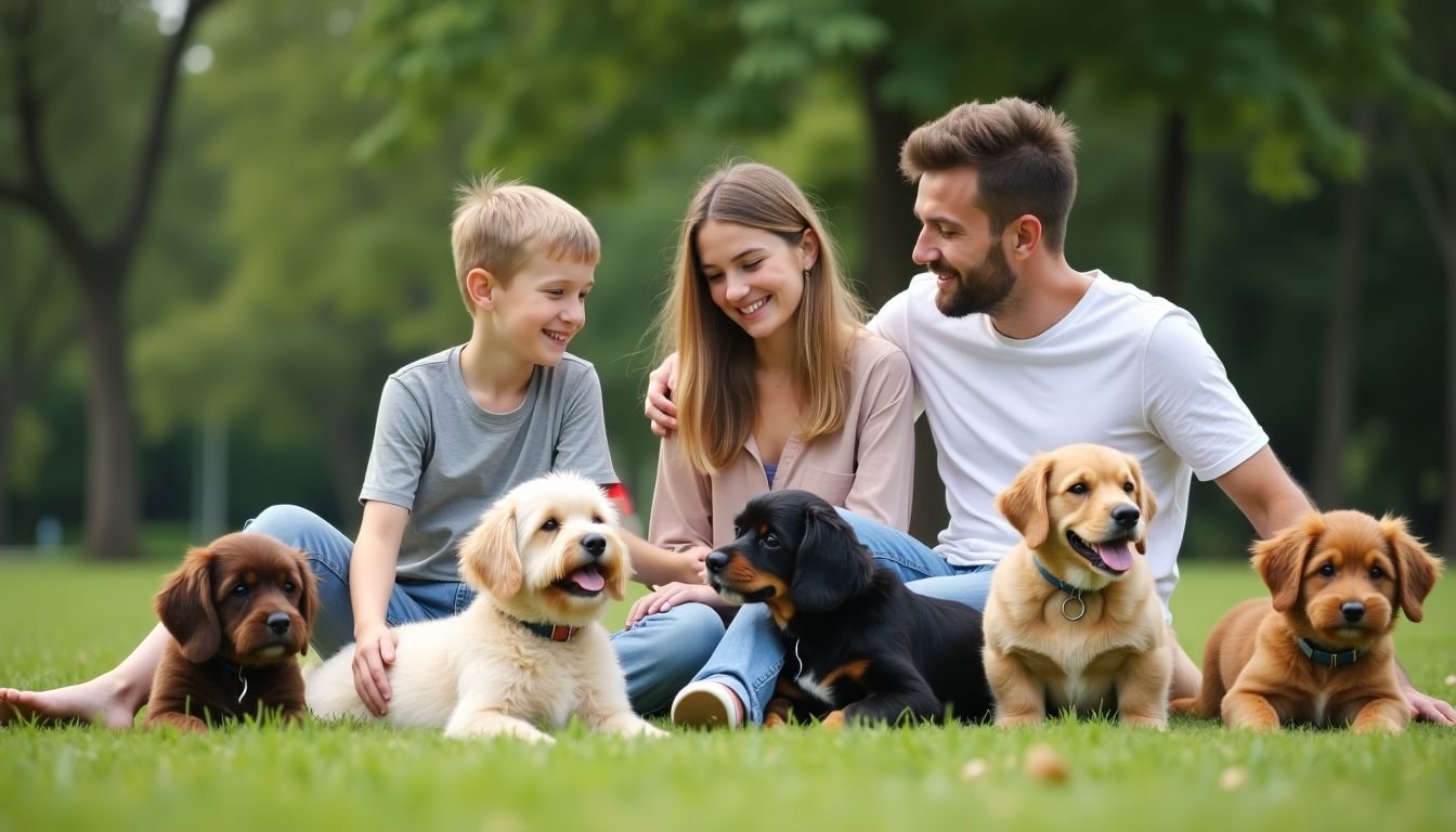 A family of four with five small dogs enjoying a sunny day at the park.
