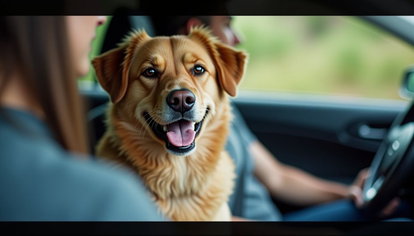 A calm dog sits in the backseat of a car on a road trip.