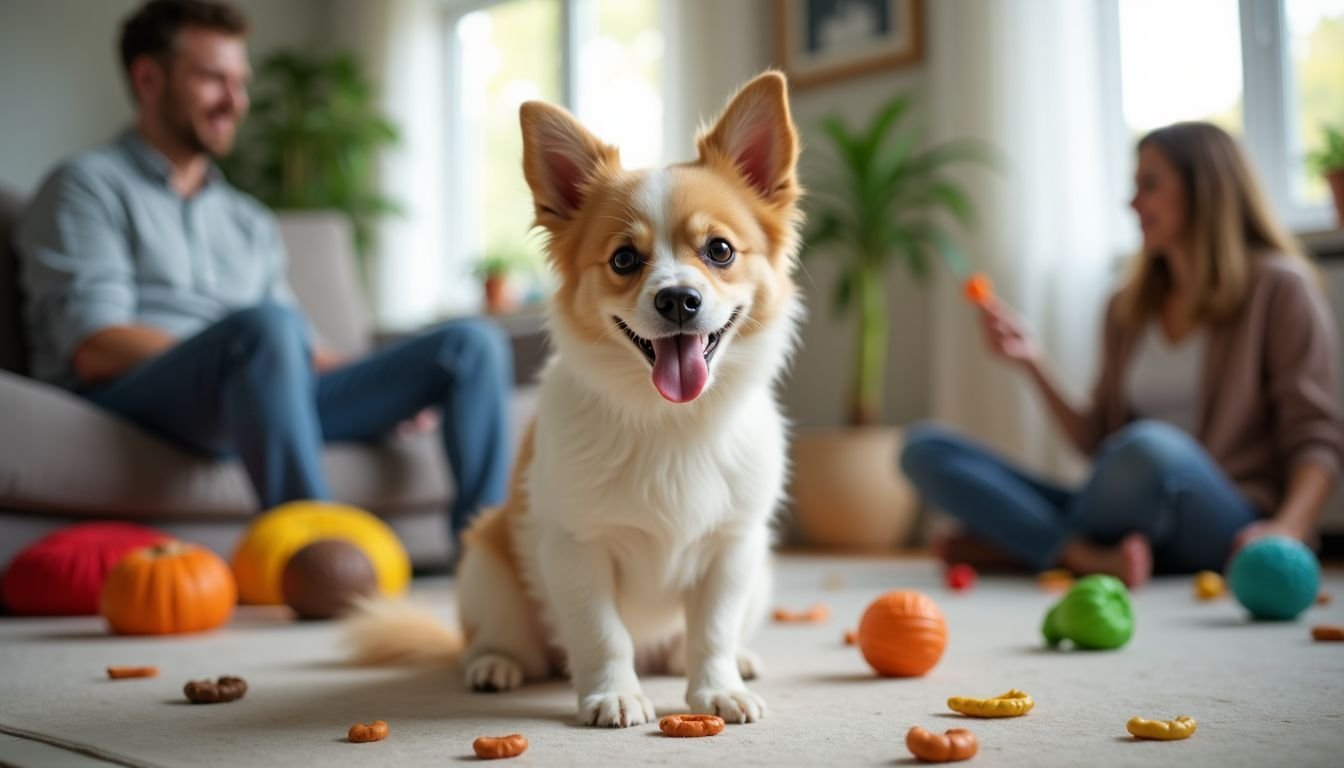 A small dog happily learning tricks in a colorful living room.
