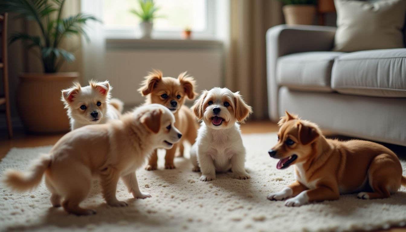 Several small dog breeds playing happily in a cozy living room.