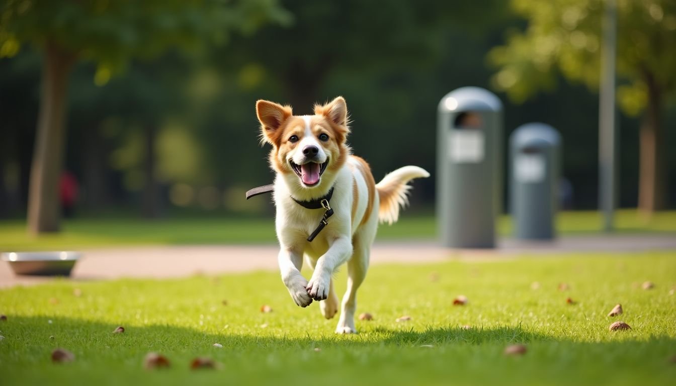 A dog enjoys off-leash play at a peaceful green dog park.
