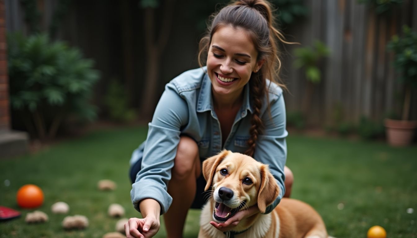A woman playing with her dog in an eco-friendly backyard.