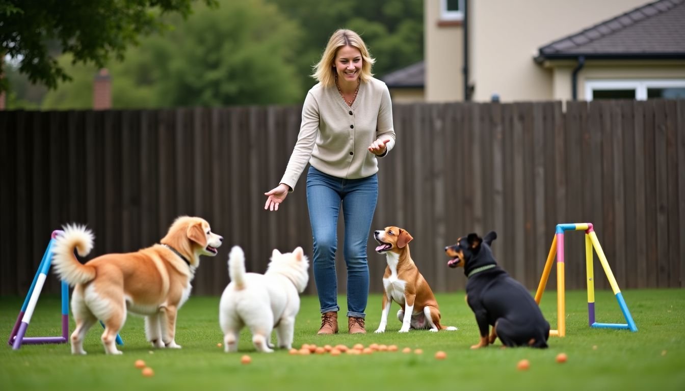 A woman trains small dogs in a backyard with agility equipment.