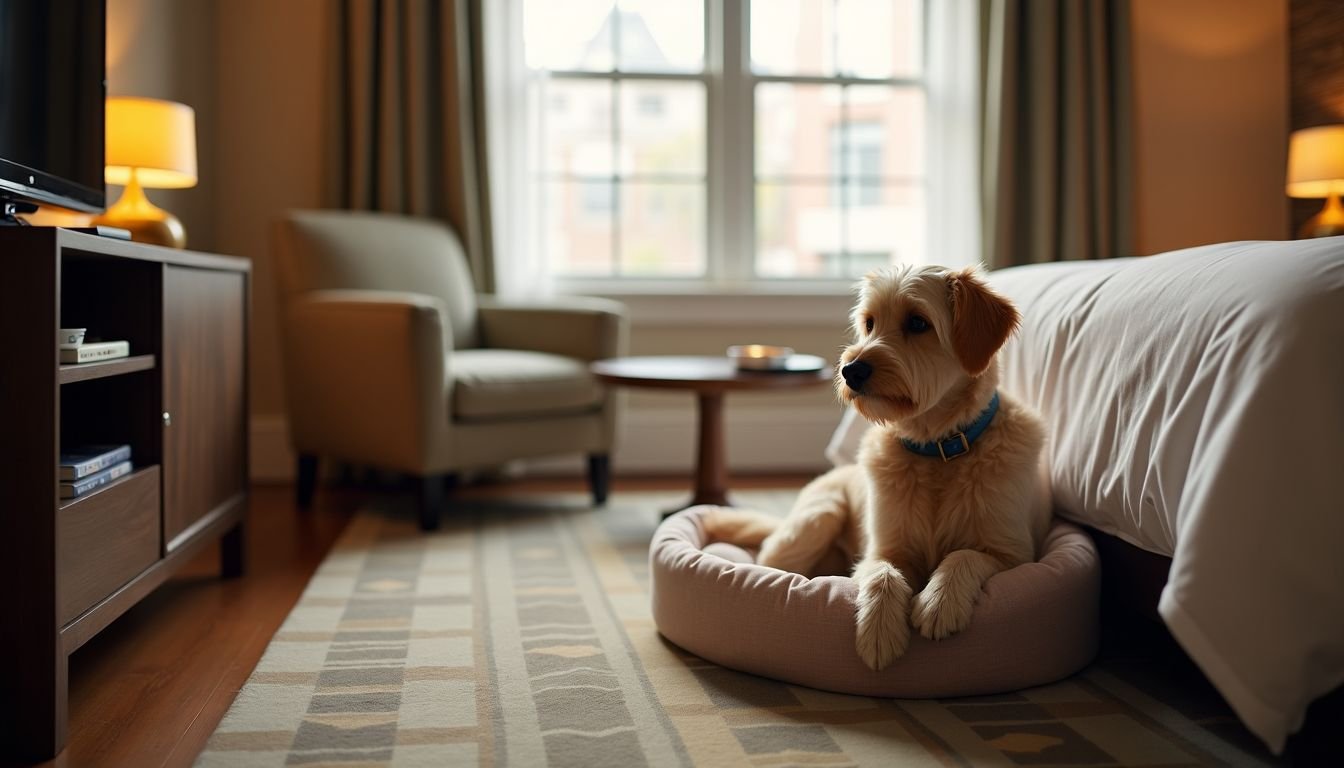 A dog-friendly Kimpton hotel room with pet amenities and cozy atmosphere.