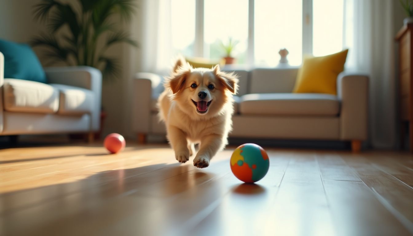 A dog chases a colorful Wobble Wag Giggle Ball in a lively living room.