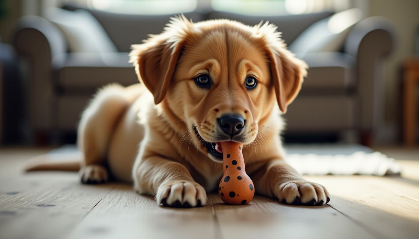 A large puppy happily chews on a durable teething toy in a cozy living room.