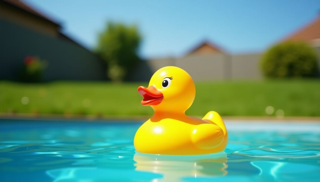 A yellow rubber duck floats in a backyard pool on a sunny day.