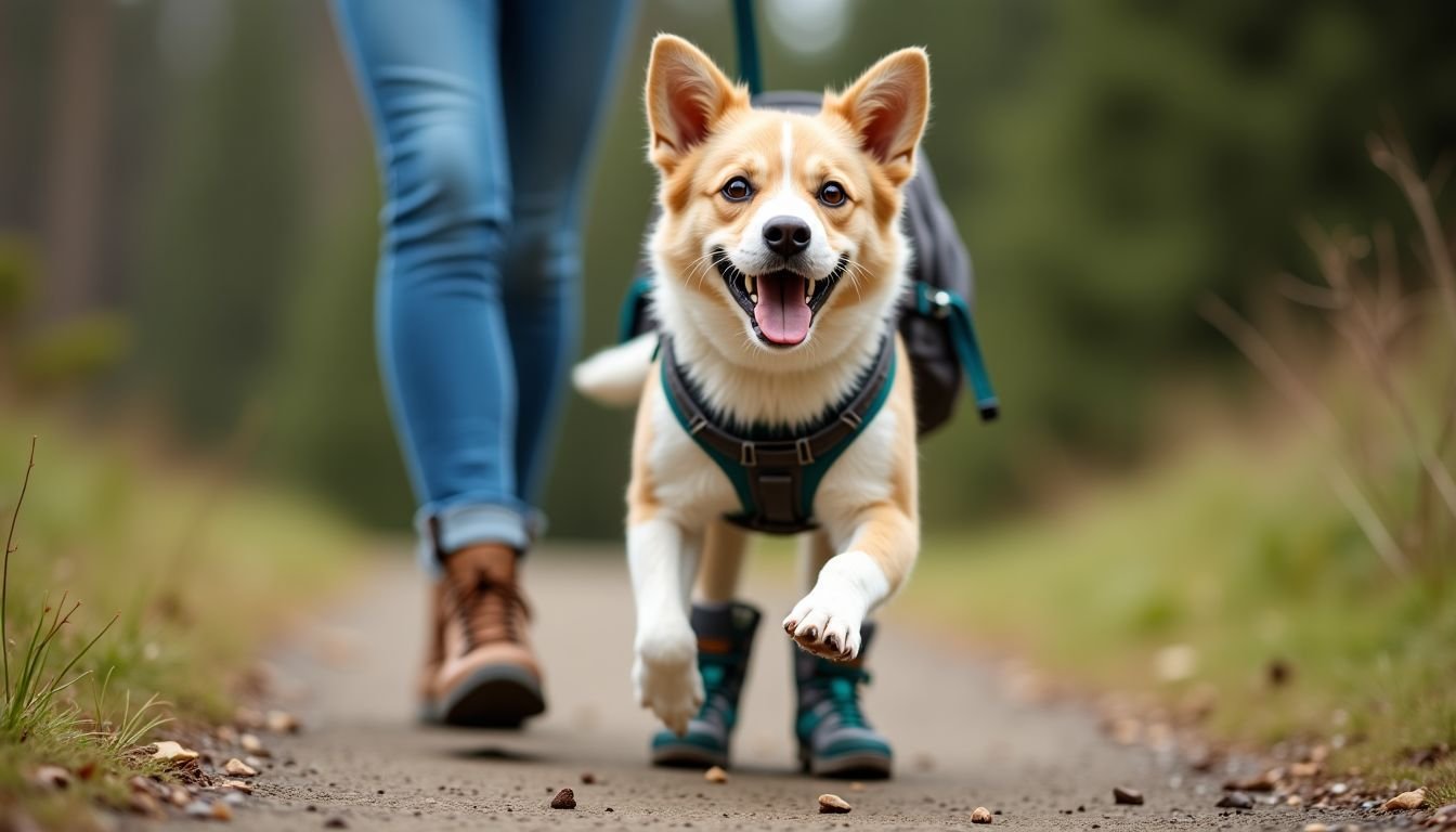 An energetic dog is geared up for a hike with its owner.