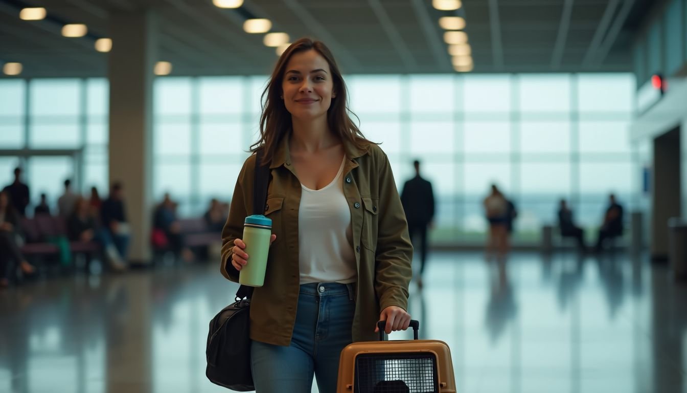 A woman with a pet carrier, walking in an airport terminal.