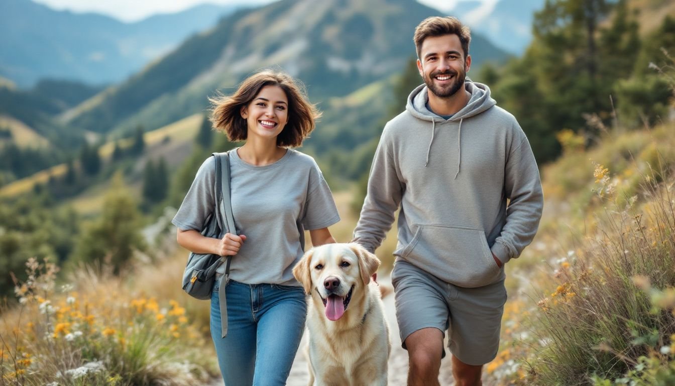 A young couple and their Labrador retriever hiking on a mountain trail.