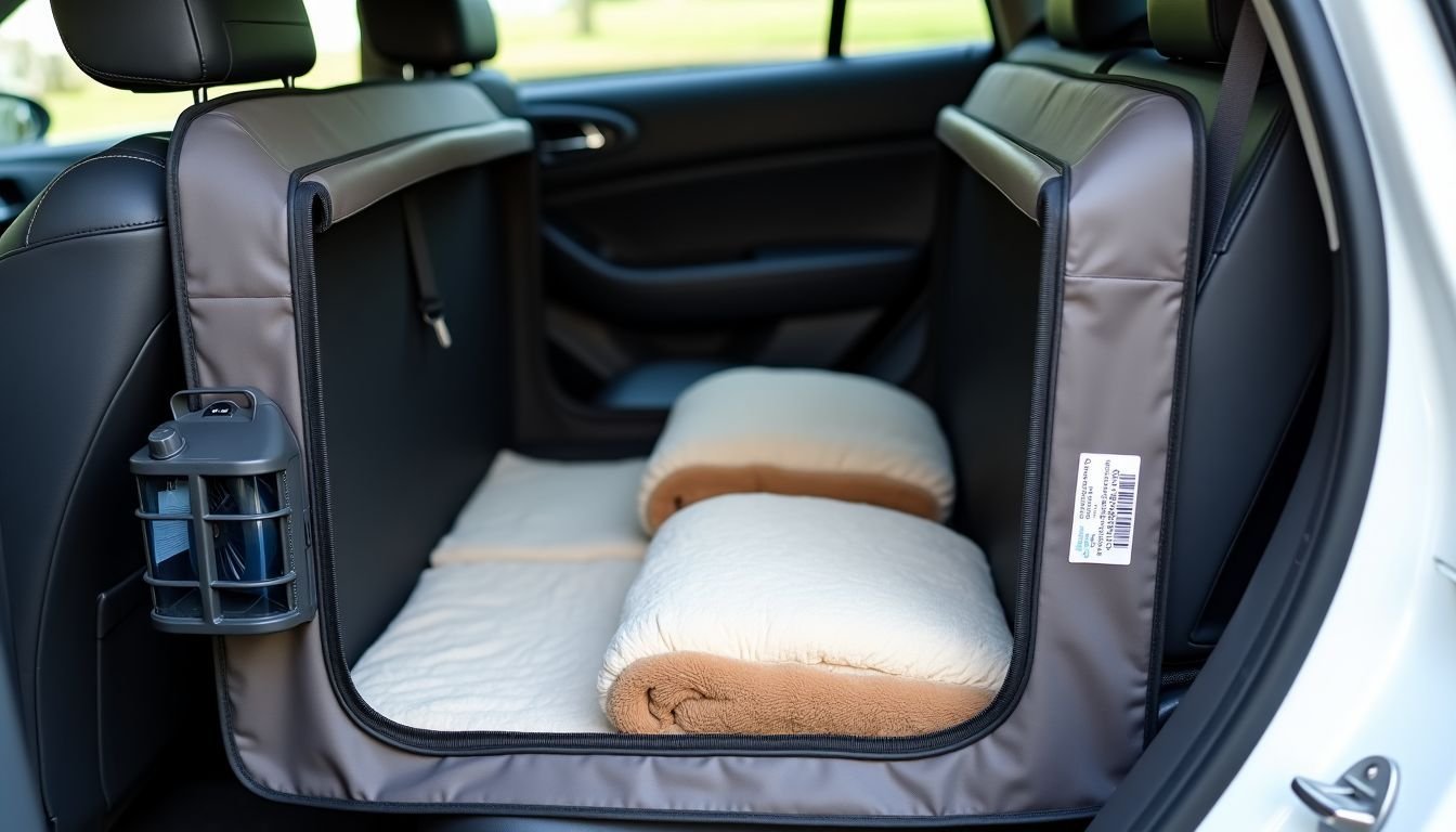 A medium-sized soft travel crate with cozy pads, a crate fan, and attached water and food bowls in the back seat of a car.