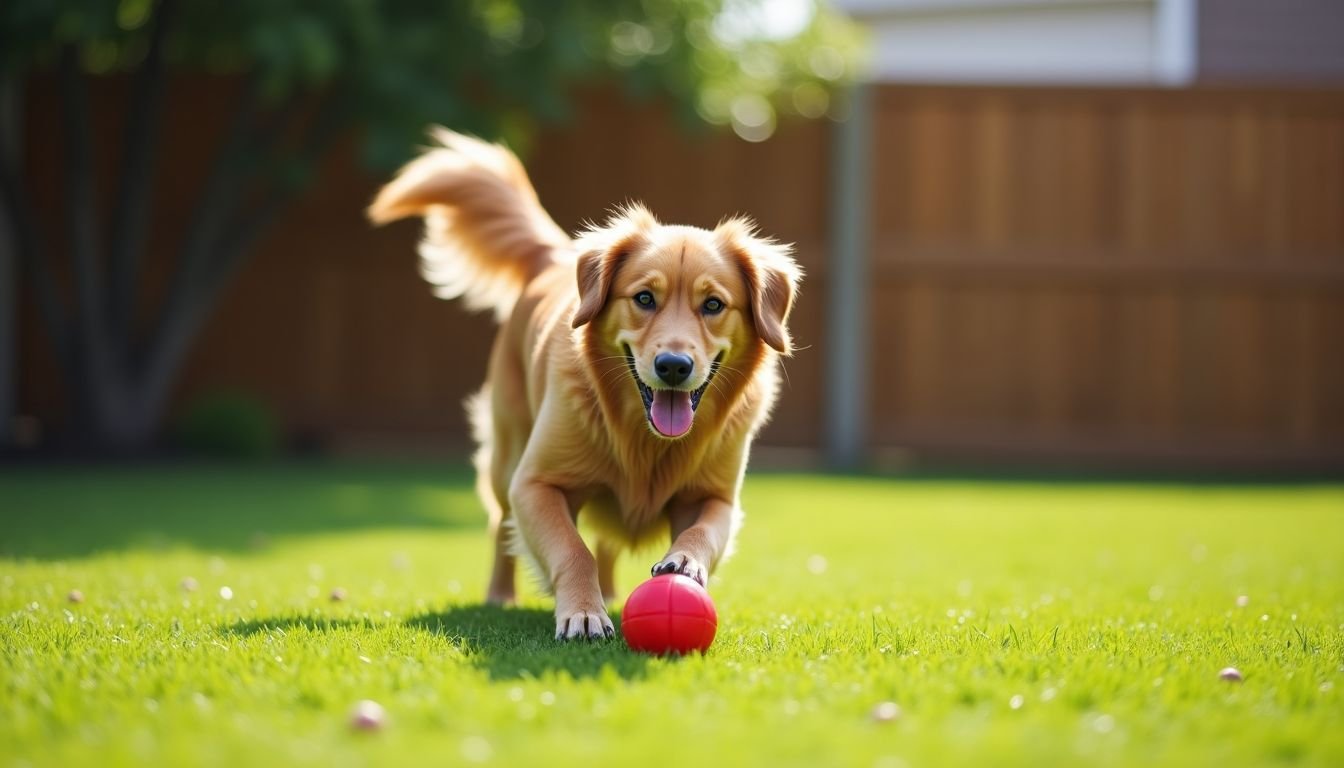 A golden retriever happily chases a red treat-dispensing ball in backyard.