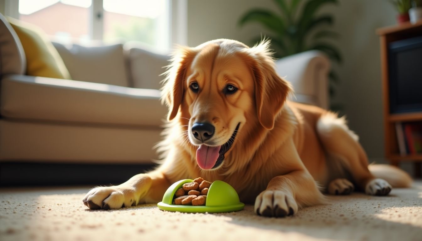 A golden retriever plays with a treat-dispensing toy in a cozy living room.