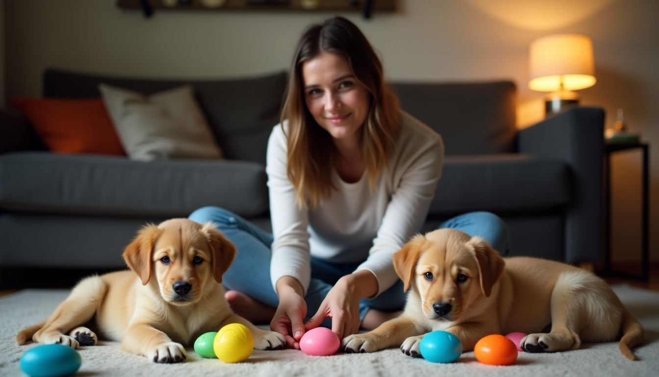 A woman sits on the floor surrounded by playful teething puppies.