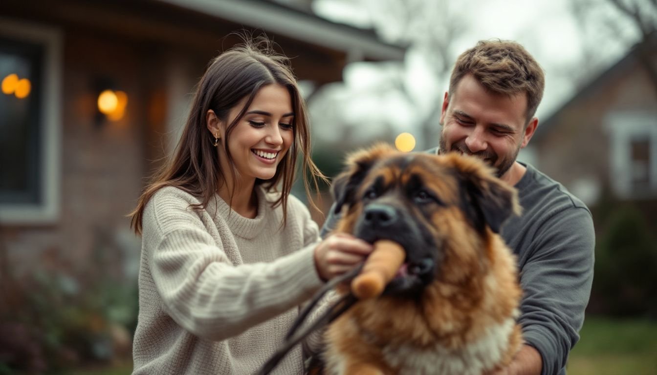 A young couple playing with a large dog in their backyard.