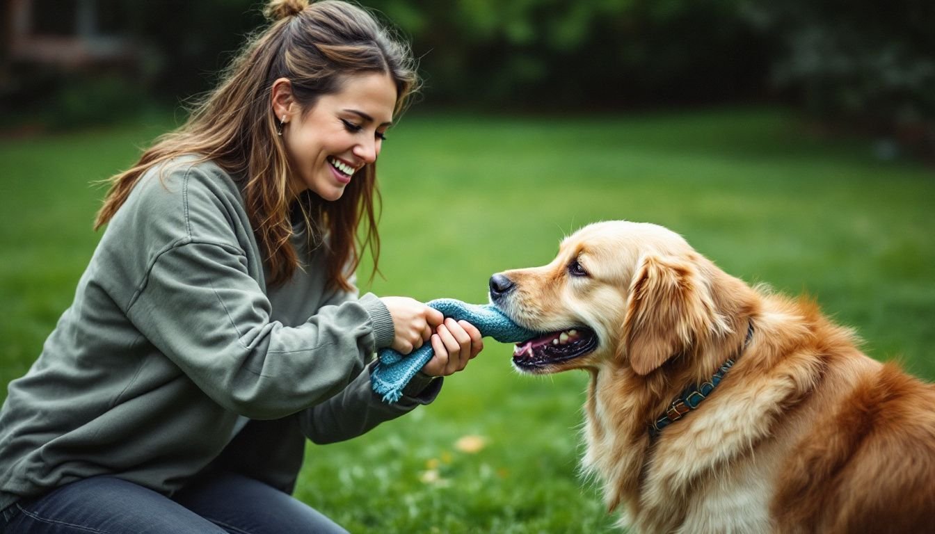 A woman playing tug of war with her golden retriever in backyard. A woman playing tug of war with her golden retriever in backyard.