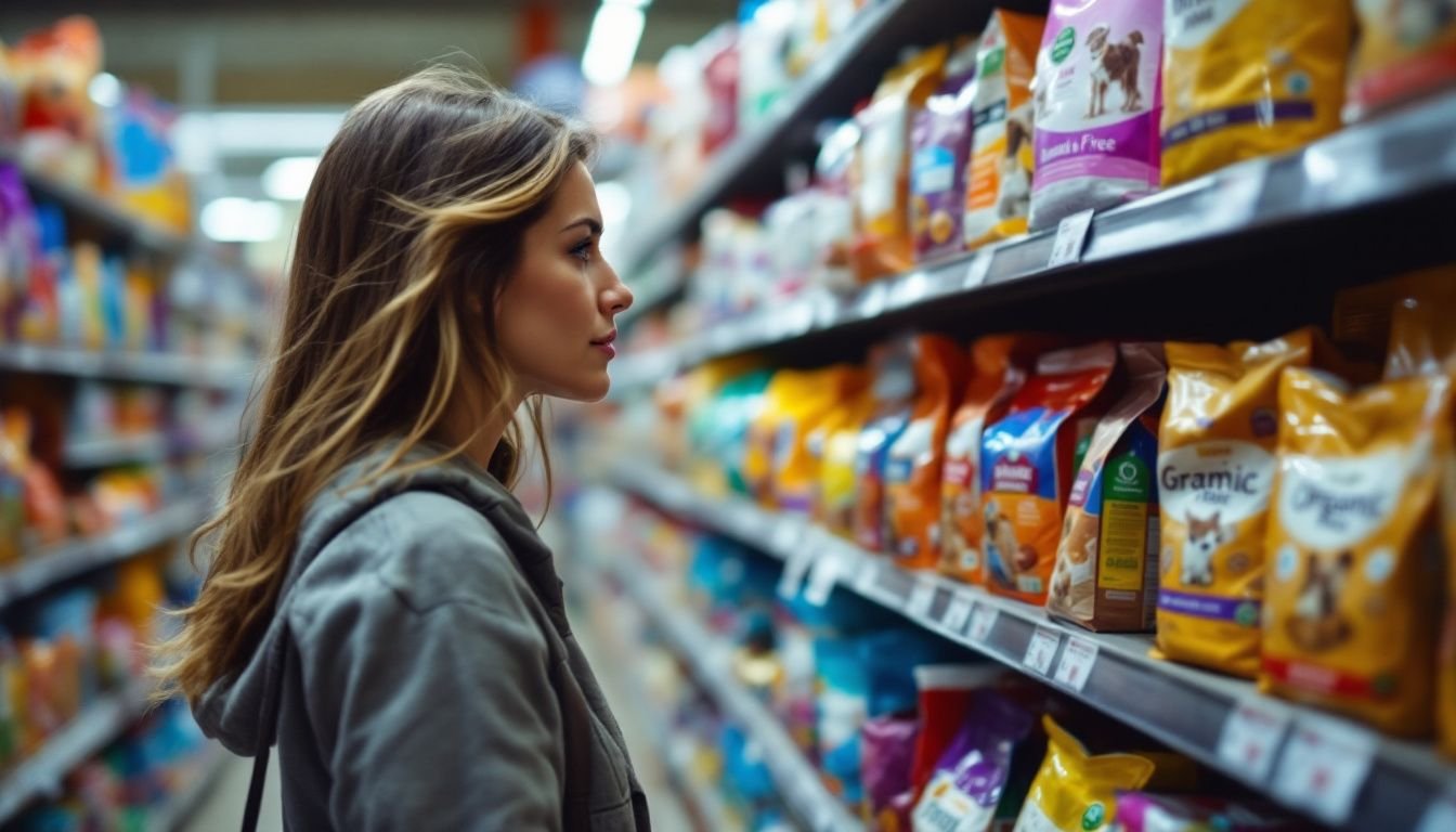 A woman in her 30s is shopping for dog food at a pet store.