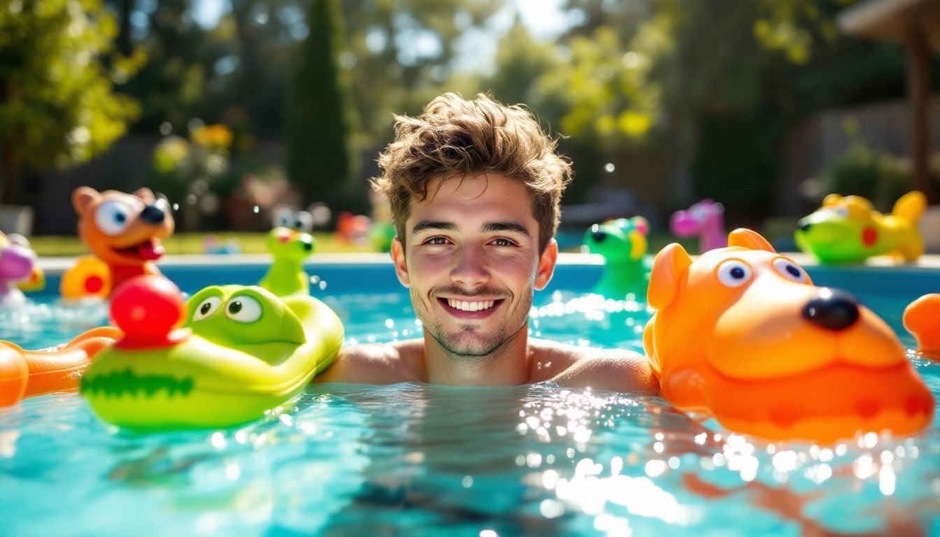 A young adult playing with colorful dog toys in a backyard pool.