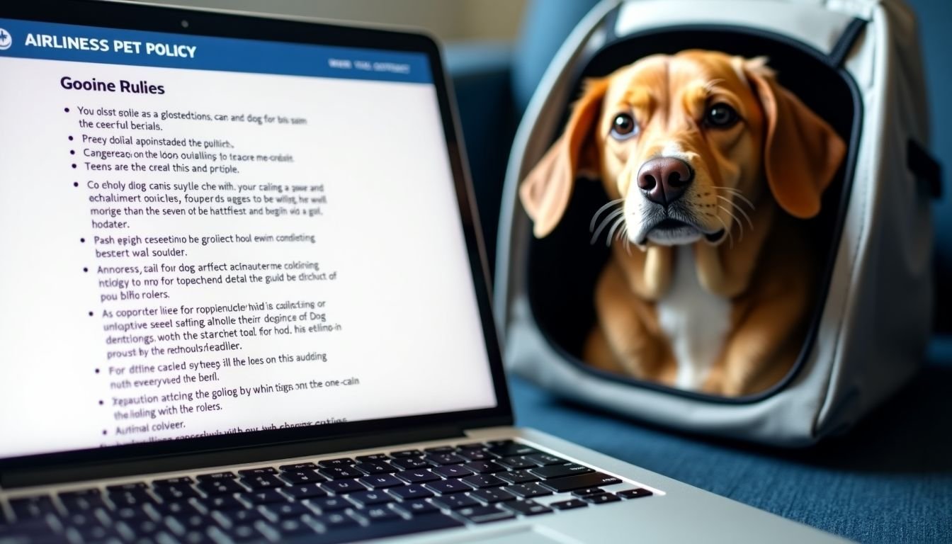 A laptop screen displays an airline's pet policy with a soft-sided pet carrier in the background.